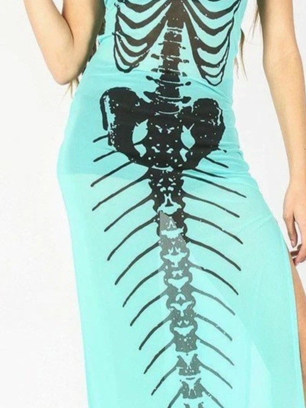 Iron Fist Aqua Teal Maxi Dress with Black Skeleton Print